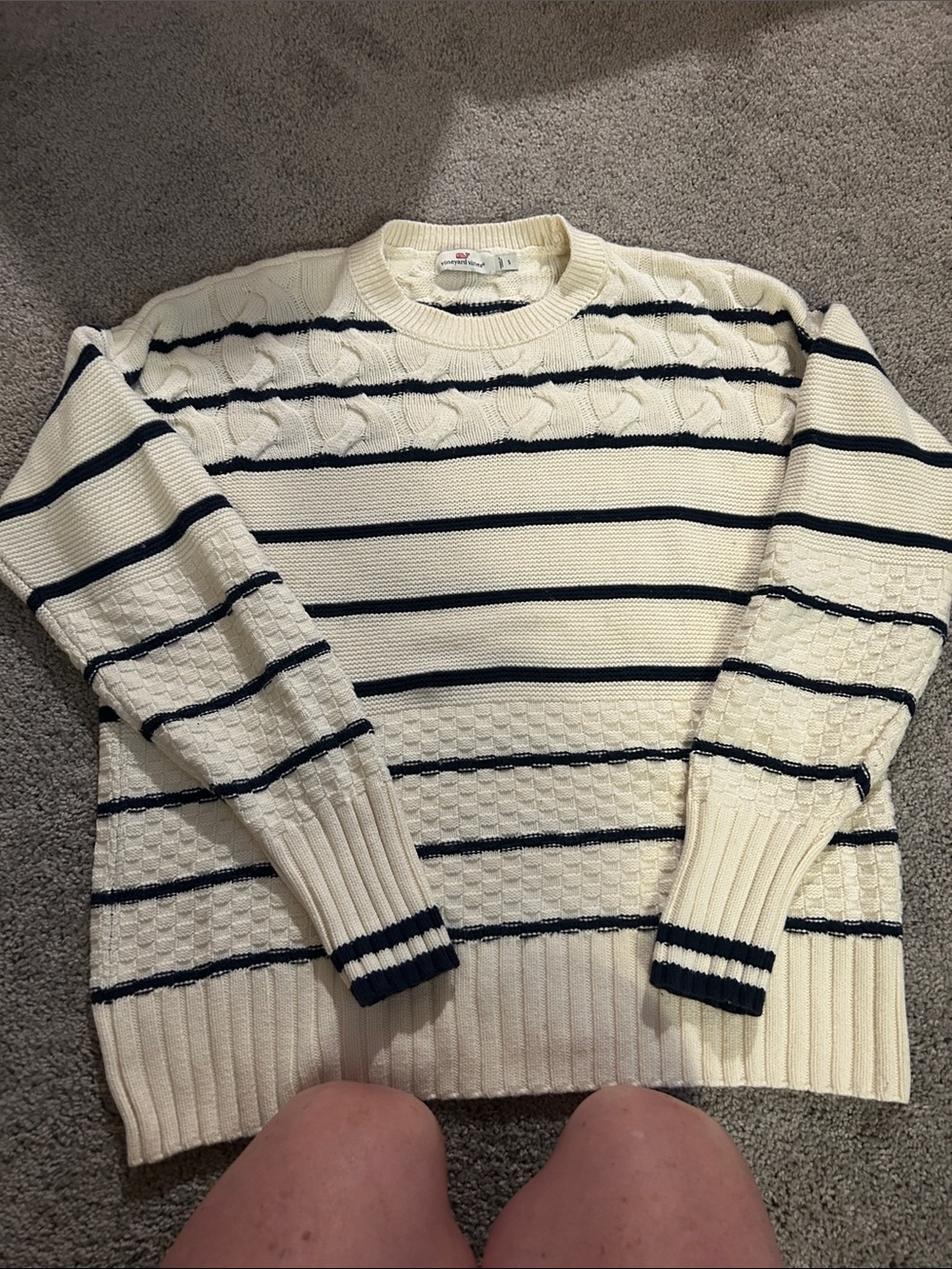 Vineyard Vines Cream and Navy Striped Cable-Knit Crewneck Sweater -Women